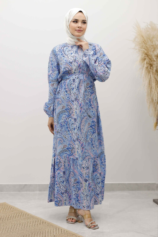 Şal Desen Kuşaklı Elbise TSD250257 Mavi - Tesettür Dünyası