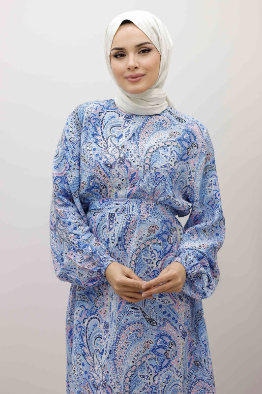 Şal Desen Kuşaklı Elbise TSD250257 Mavi - Tesettür Dünyası (1)