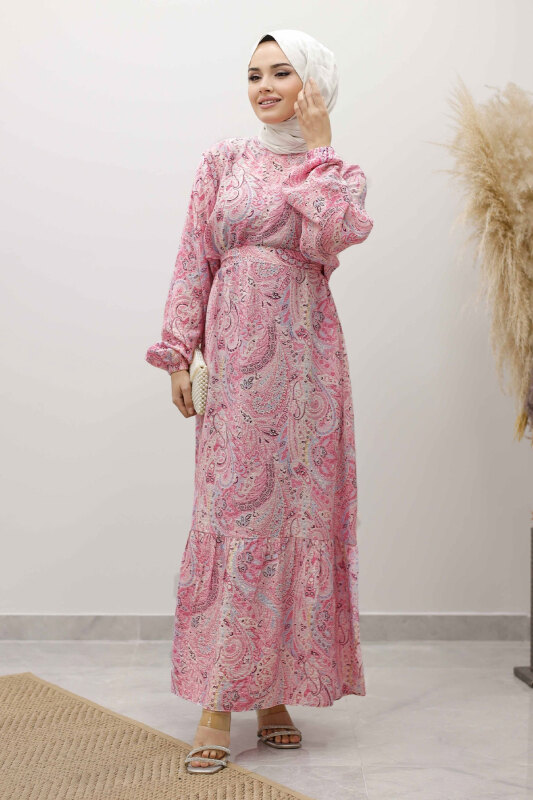 Şal Desen Kuşaklı Elbise TSD250257 Pembe - Tesettür Dünyası