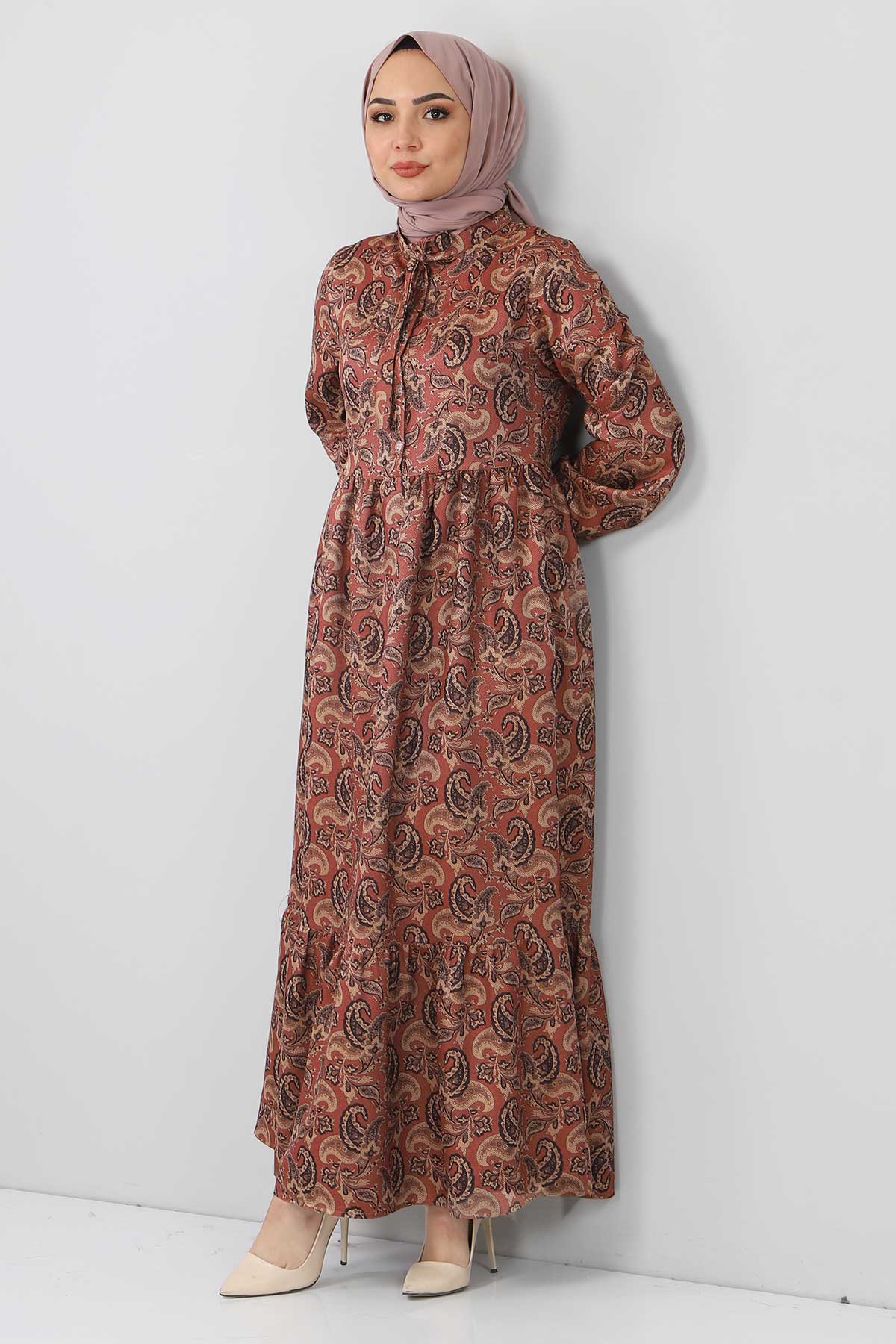 Tesettür Dünyası - Shawl Patterned Dress TSD4418 Brown