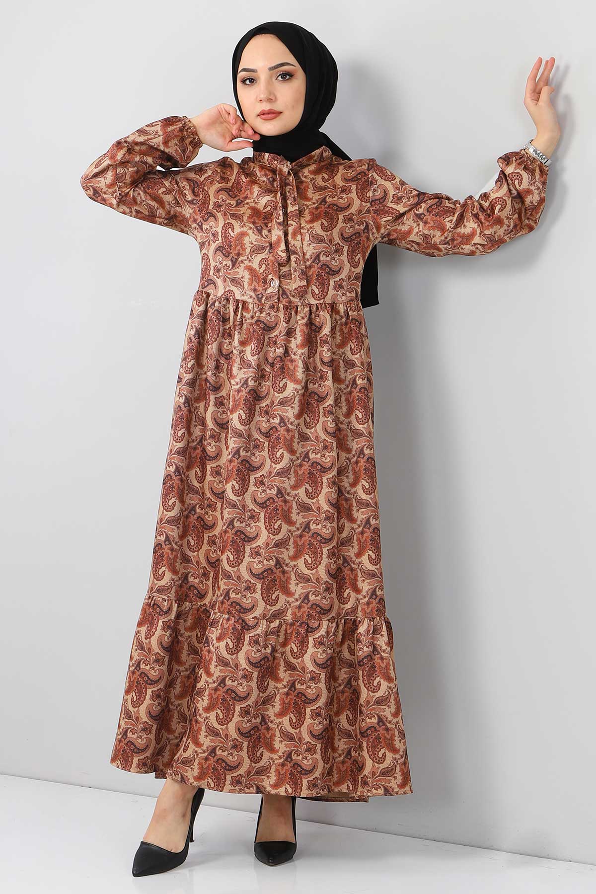 Tesettür Dünyası - Shawl Patterned Dress TSD4418 Mink