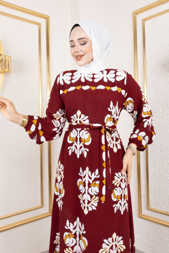 Şekilli Etnik Desenli Viskon Elbise TSD250193 Bordo - 2