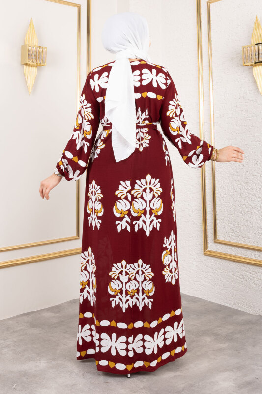 Şekilli Etnik Desenli Viskon Elbise TSD250193 Bordo - 5