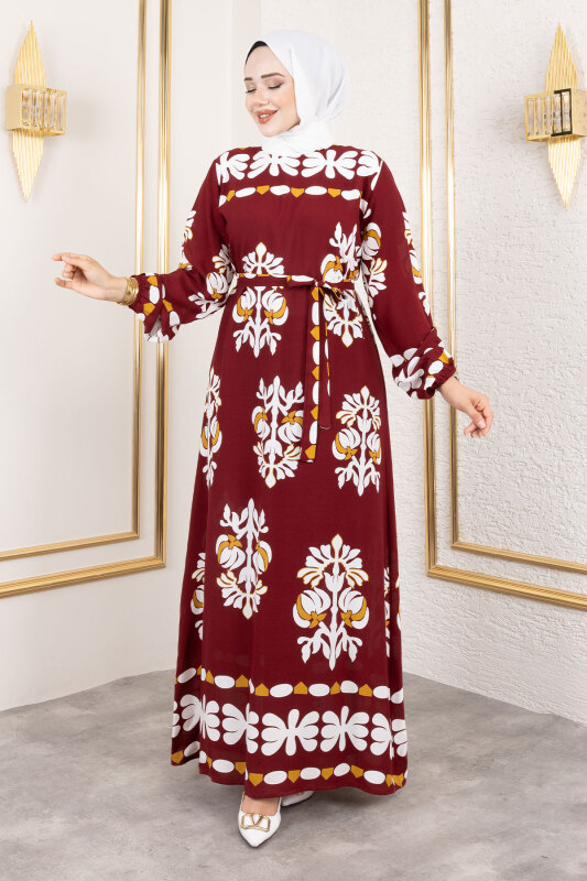 Şekilli Etnik Desenli Viskon Elbise TSD250193 Bordo - 3