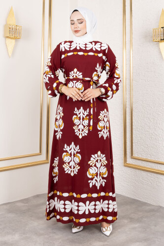 Şekilli Etnik Desenli Viskon Elbise TSD250193 Bordo - 4