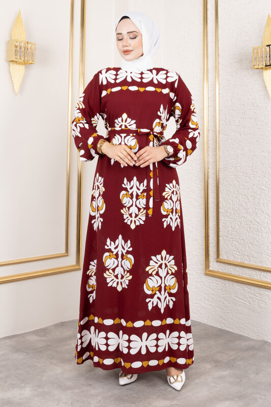 Şekilli Etnik Desenli Viskon Elbise TSD250193 Bordo - 4
