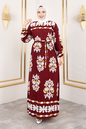 Şekilli Etnik Desenli Viskon Elbise TSD250193 Bordo 