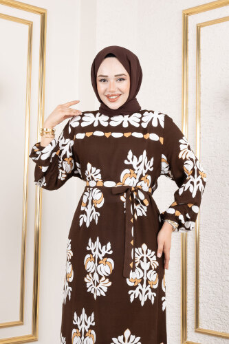 Şekilli Etnik Desenli Viskon Elbise TSD250193 Kahverengi - 2