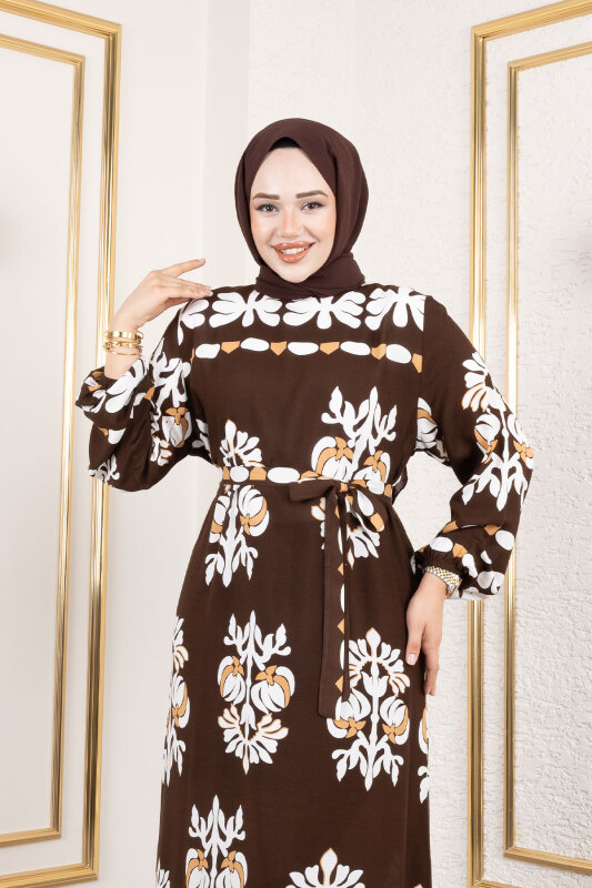 Şekilli Etnik Desenli Viskon Elbise TSD250193 Kahverengi - 2