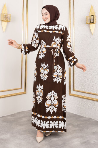 Şekilli Etnik Desenli Viskon Elbise TSD250193 Kahverengi - 3