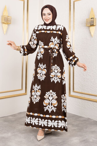 Şekilli Etnik Desenli Viskon Elbise TSD250193 Kahverengi - 4