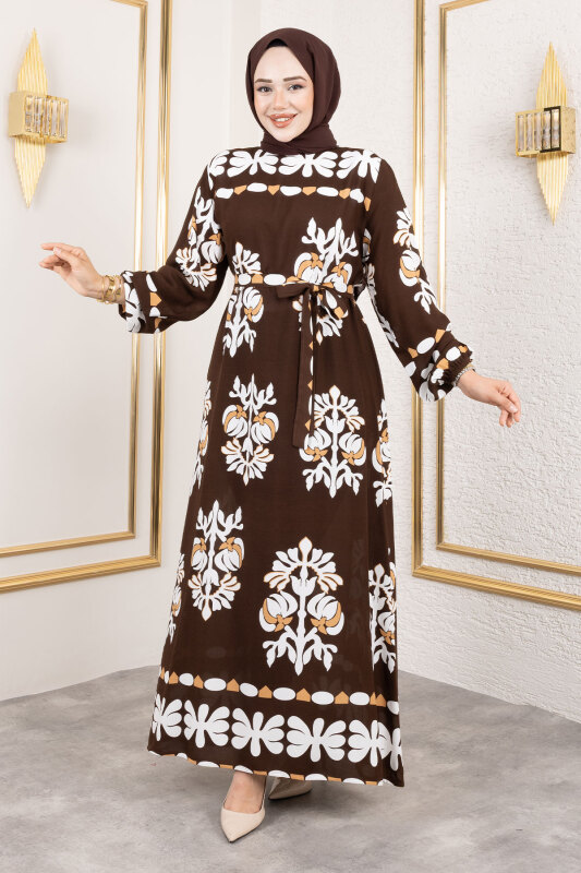 Şekilli Etnik Desenli Viskon Elbise TSD250193 Kahverengi - 4