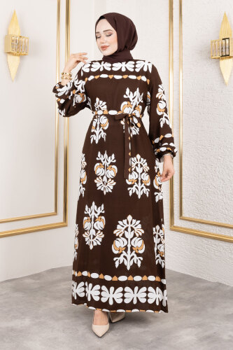 Şekilli Etnik Desenli Viskon Elbise TSD250193 Kahverengi - 1