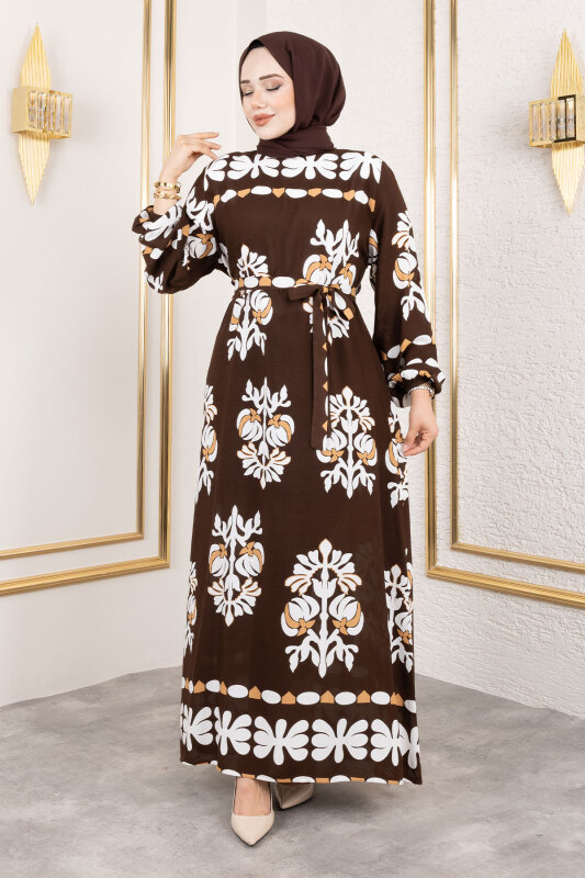 Şekilli Etnik Desenli Viskon Elbise TSD250193 Kahverengi - 1
