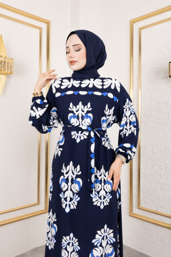 Şekilli Etnik Desenli Viskon Elbise TSD250193 Lacivert - 2