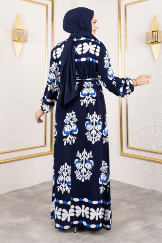 Şekilli Etnik Desenli Viskon Elbise TSD250193 Lacivert - 5