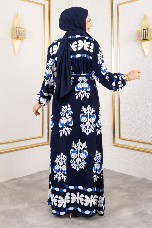 Şekilli Etnik Desenli Viskon Elbise TSD250193 Lacivert - 5