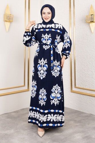 Şekilli Etnik Desenli Viskon Elbise TSD250193 Lacivert 