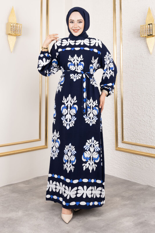 Şekilli Etnik Desenli Viskon Elbise TSD250193 Lacivert - Tesettür Dünyası