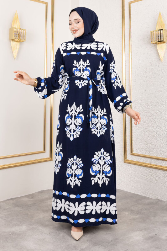 Şekilli Etnik Desenli Viskon Elbise TSD250193 Lacivert - 3