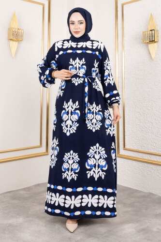 Şekilli Etnik Desenli Viskon Elbise TSD250193 Lacivert - 4