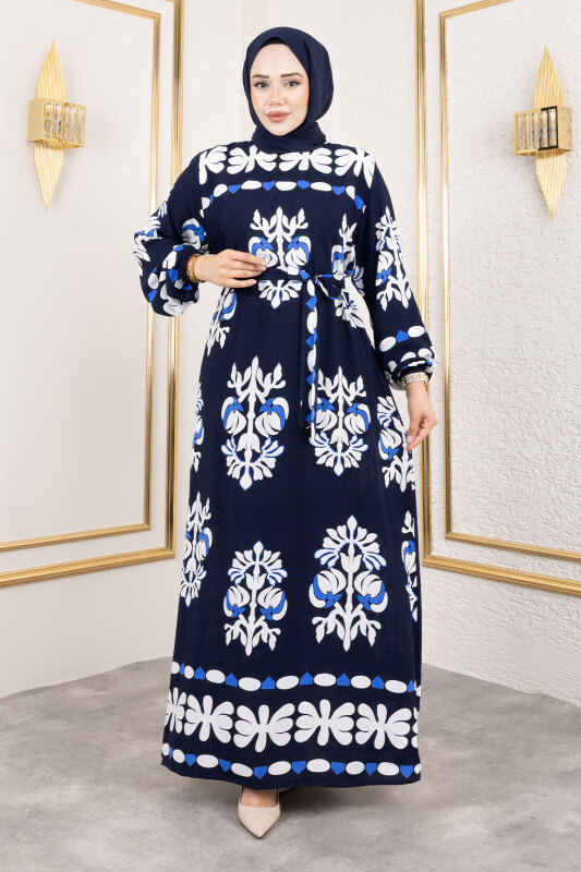 Şekilli Etnik Desenli Viskon Elbise TSD250193 Lacivert - 4
