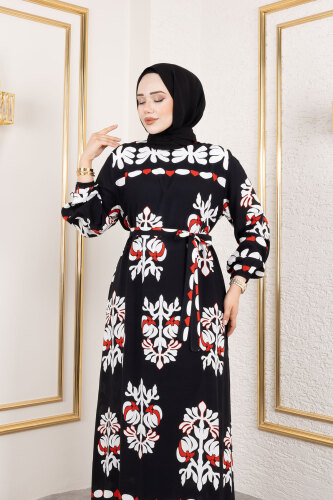 Şekilli Etnik Desenli Viskon Elbise TSD250193 Siyah - 2