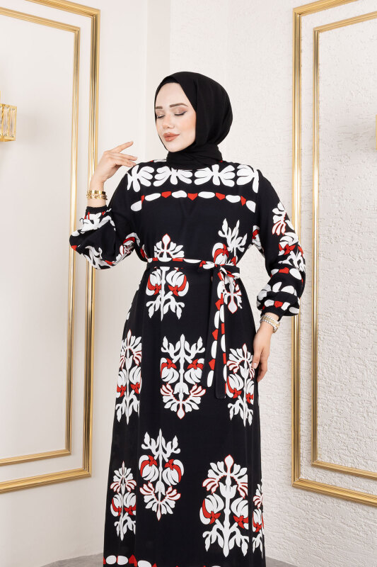 Şekilli Etnik Desenli Viskon Elbise TSD250193 Siyah - Tesettür Dünyası (1)