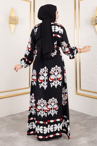 Şekilli Etnik Desenli Viskon Elbise TSD250193 Siyah - 5