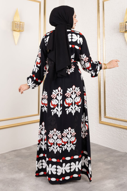 Şekilli Etnik Desenli Viskon Elbise TSD250193 Siyah - 5