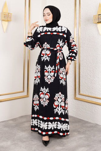 Şekilli Etnik Desenli Viskon Elbise TSD250193 Siyah 