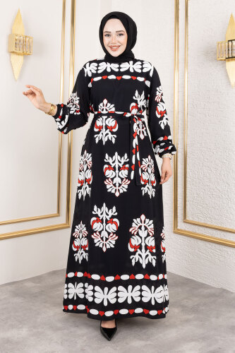 Şekilli Etnik Desenli Viskon Elbise TSD250193 Siyah - 3