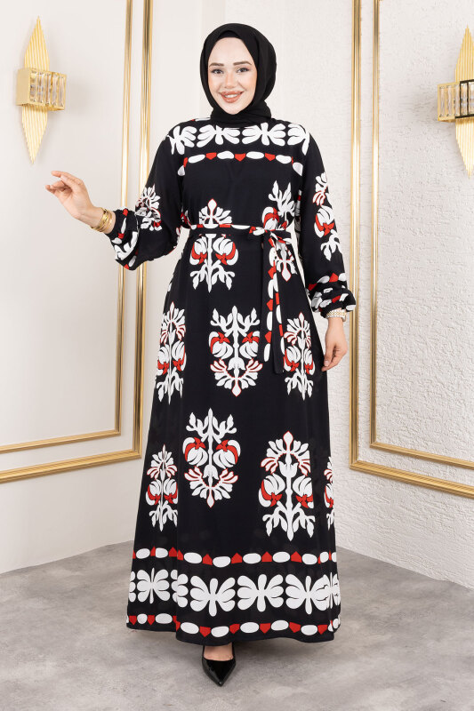 Şekilli Etnik Desenli Viskon Elbise TSD250193 Siyah - 3