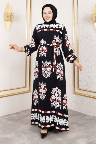 Şekilli Etnik Desenli Viskon Elbise TSD250193 Siyah - 4