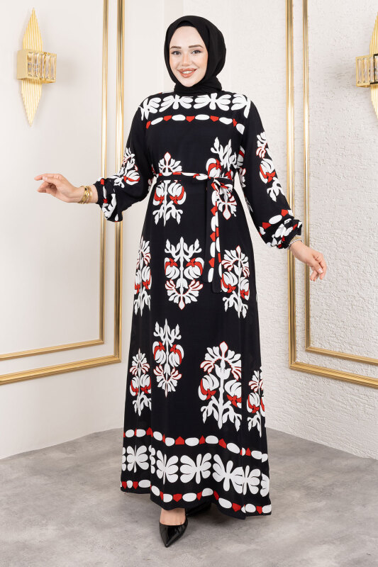 Şekilli Etnik Desenli Viskon Elbise TSD250193 Siyah - 4