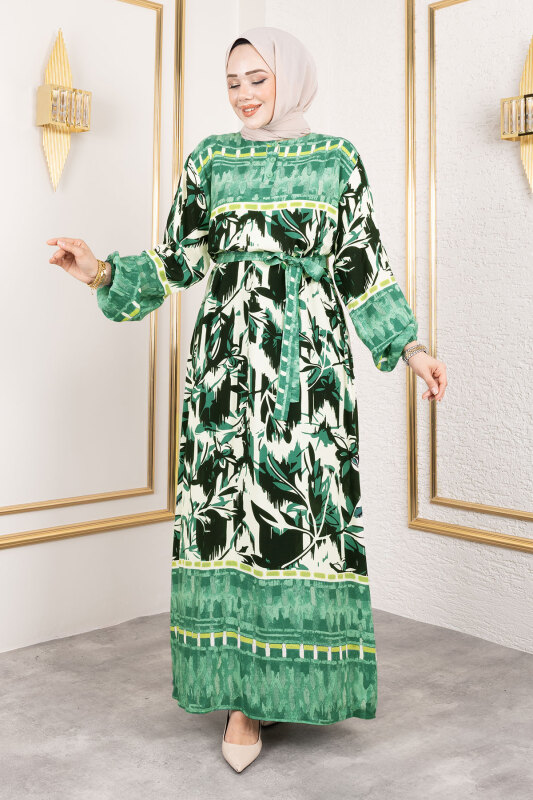 Sera Desenli Viskon Elbise TSD250138 Yeşil - Tesettür Dünyası