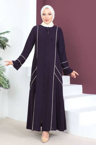 Şerit Detaylı Ferace TSD230433 Mürdüm 