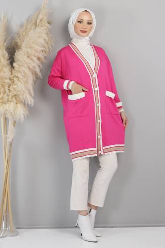 Şerit Detaylı Triko Hırka TSD220718 Fuşya 