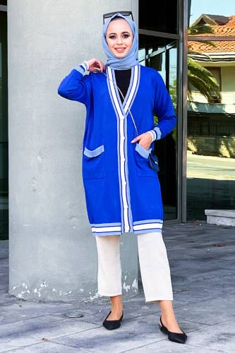 Şerit Detaylı Triko Hırka TSD220718 Mavi 