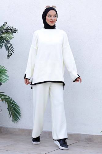 Şerit Detaylı Triko Takım TSD221011 Beyaz 