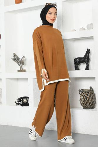 Şerit Detaylı Triko Takım TSD221011 Kahverengi 