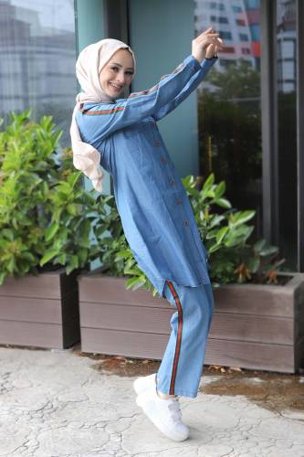 Şeritli Kot İkili Takım TSD220614 Açık Mavi - Tesettür Dünyası (1)