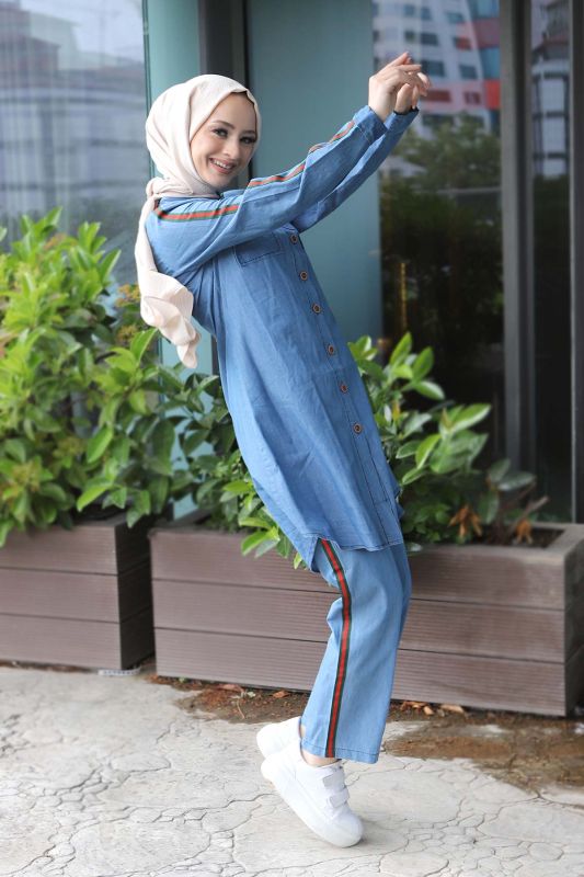 Şeritli Kot İkili Takım TSD220614 Açık Mavi - 2