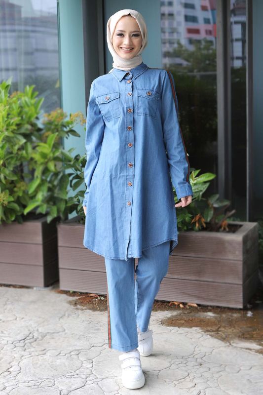 Şeritli Kot İkili Takım TSD220614 Açık Mavi - 3