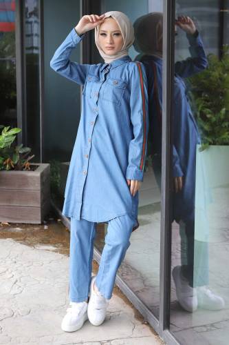 Şeritli Kot İkili Takım TSD220614 Açık Mavi - Tesettür Dünyası