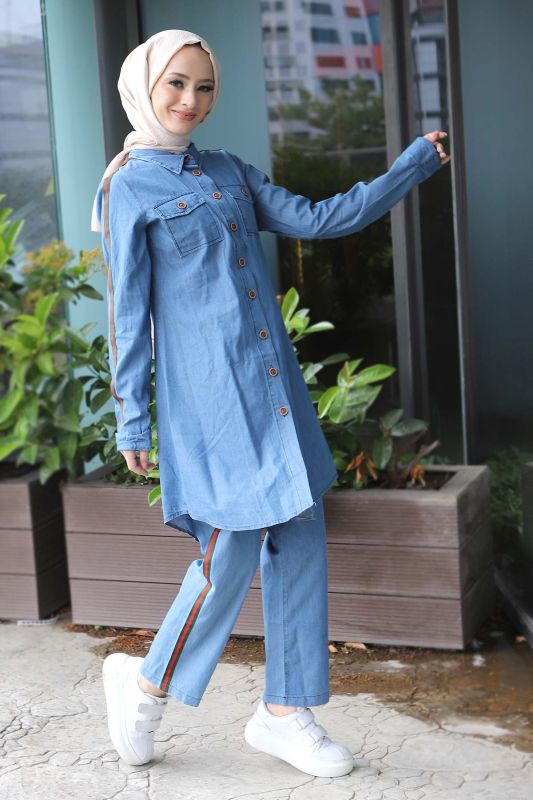 Şeritli Kot İkili Takım TSD220614 Açık Mavi - 4