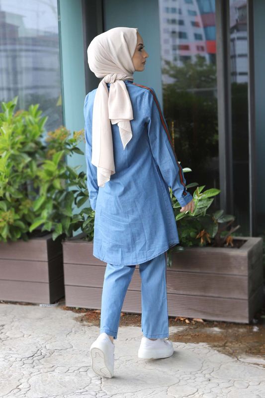 Şeritli Kot İkili Takım TSD220614 Açık Mavi - 5