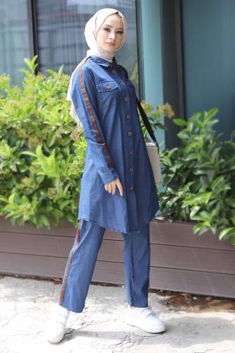 Şeritli Kot İkili Takım TSD220614 Koyu Mavi 