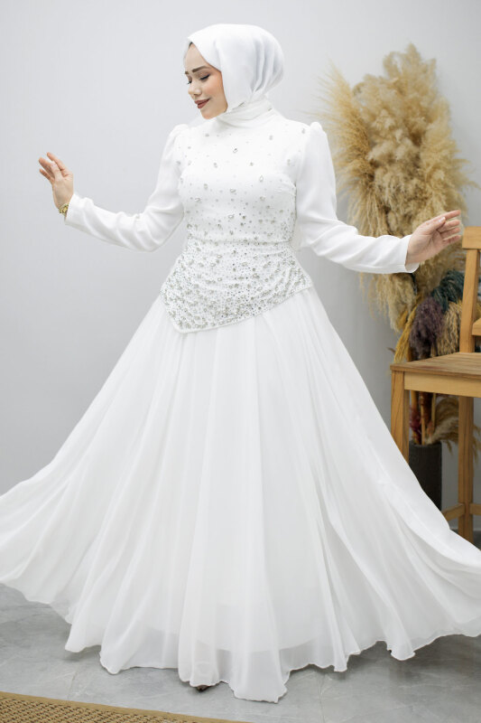 Şifon Etekli Taşlı Tesettür Abiye TSD260199 Beyaz - Tesettür Dünyası