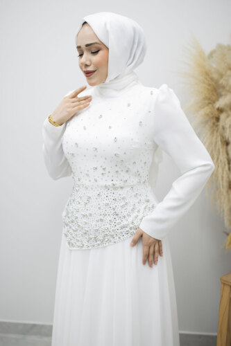 Şifon Etekli Taşlı Tesettür Abiye TSD260199 Beyaz - Tesettür Dünyası (1)